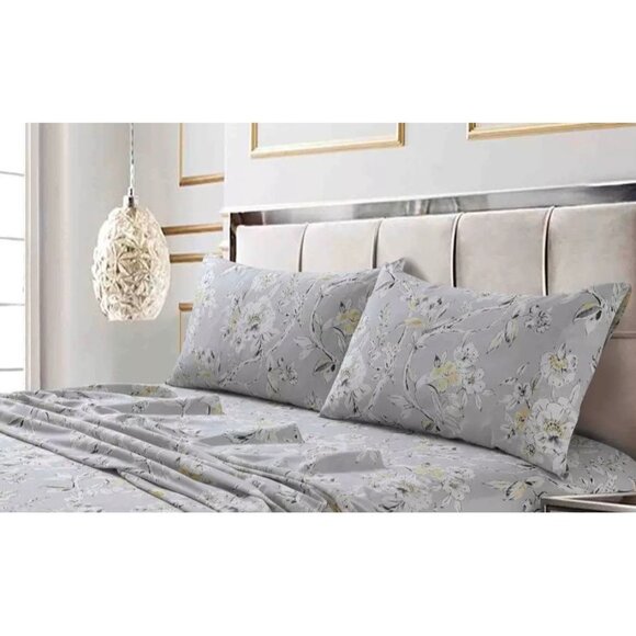 Tribeca Living Gold & Gray Floral Print Standard 2 Pillowcase Set 20" x 30" - Picture 1 of 5